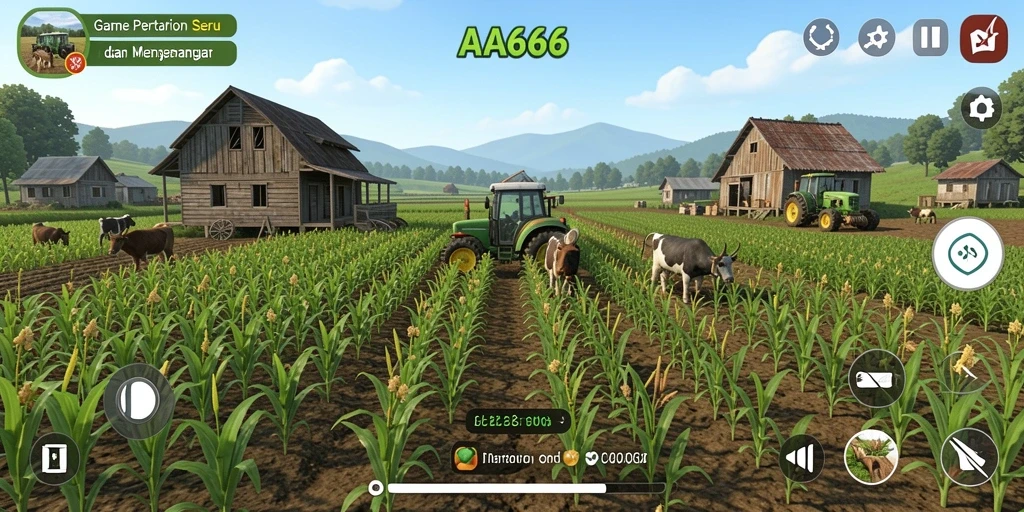 Screenshot gameplay yang memperlihatkan aktivitas pertanian seru di AA666.