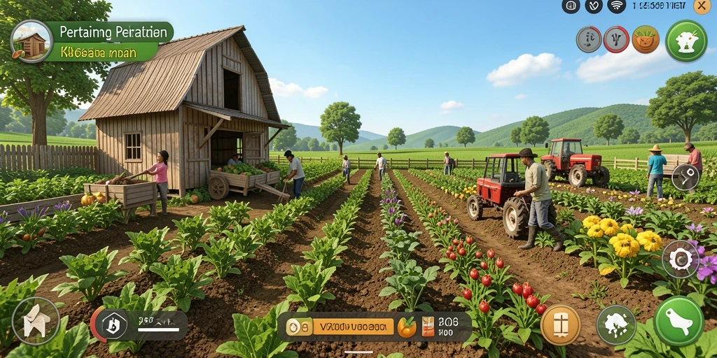 Screenshot gameplay V07 menampilkan ladang hijau yang subur dan hewan ternak yang ceria.